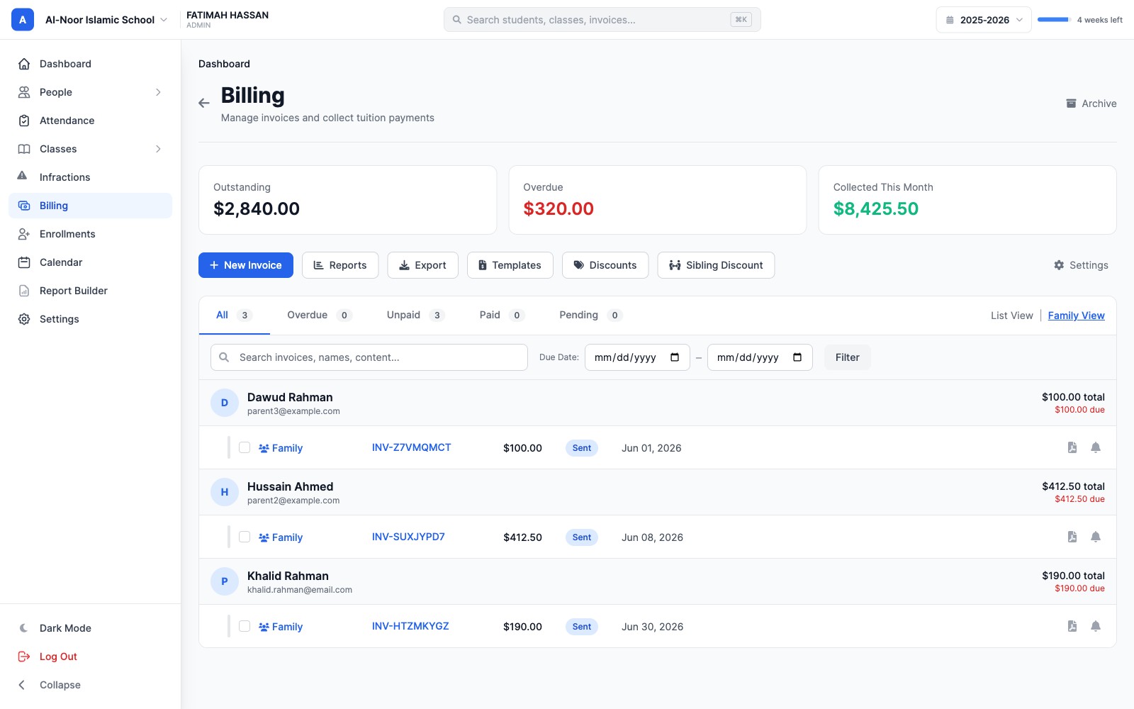 Billing dashboard