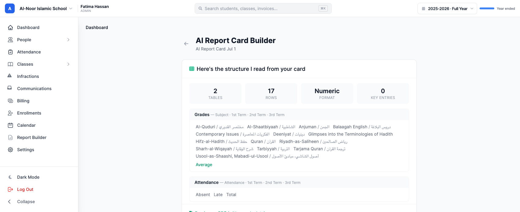 MarkTrack AI Report Card Builder showing the extracted structure: 2 tables, 17 rows, numeric format, bilingual English/Arabic subjects, terms, average, attendance