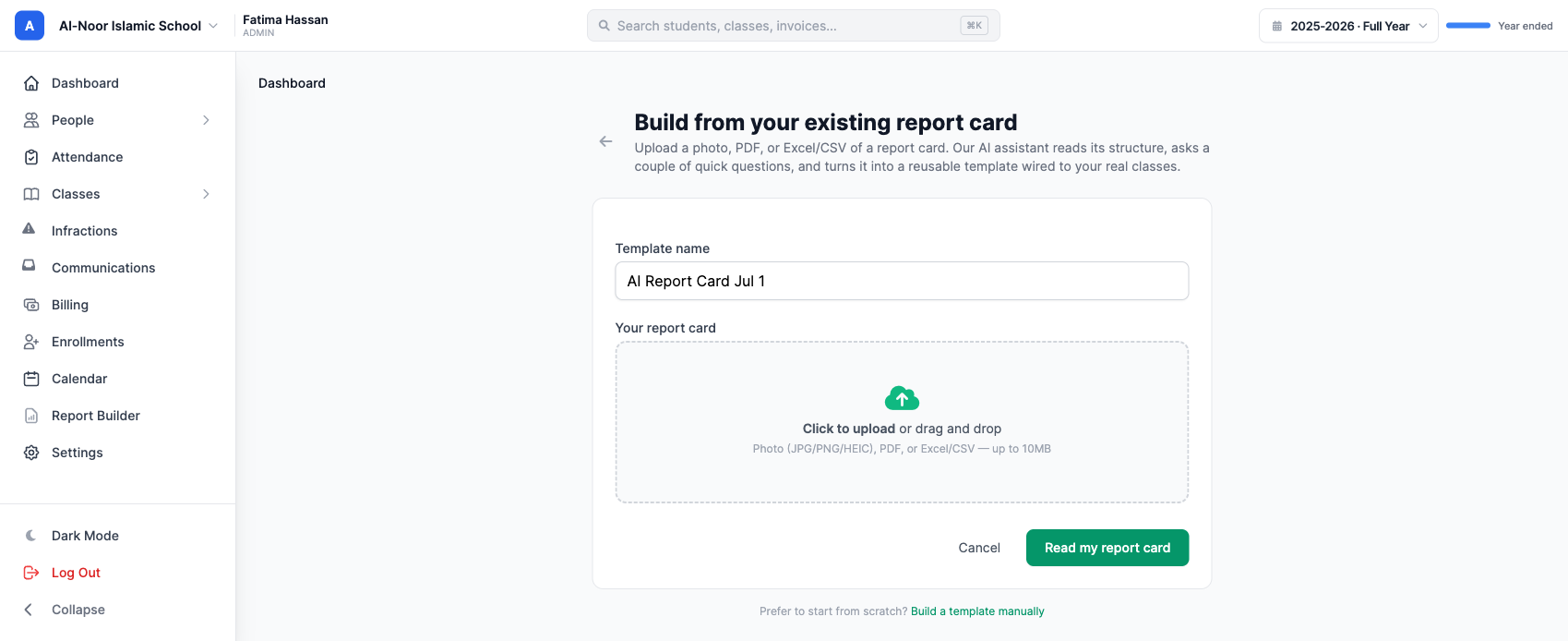 MarkTrack 'Build from your existing report card' screen: drop a photo, PDF, or Excel of a report card