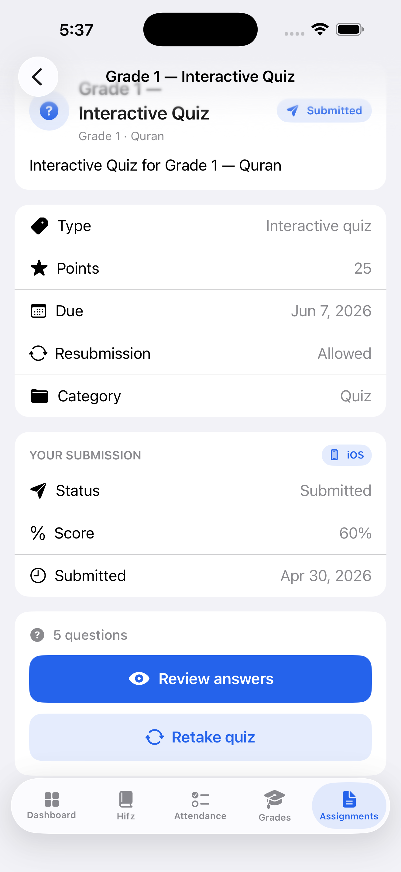 MarkTrack iOS app showing an assignment