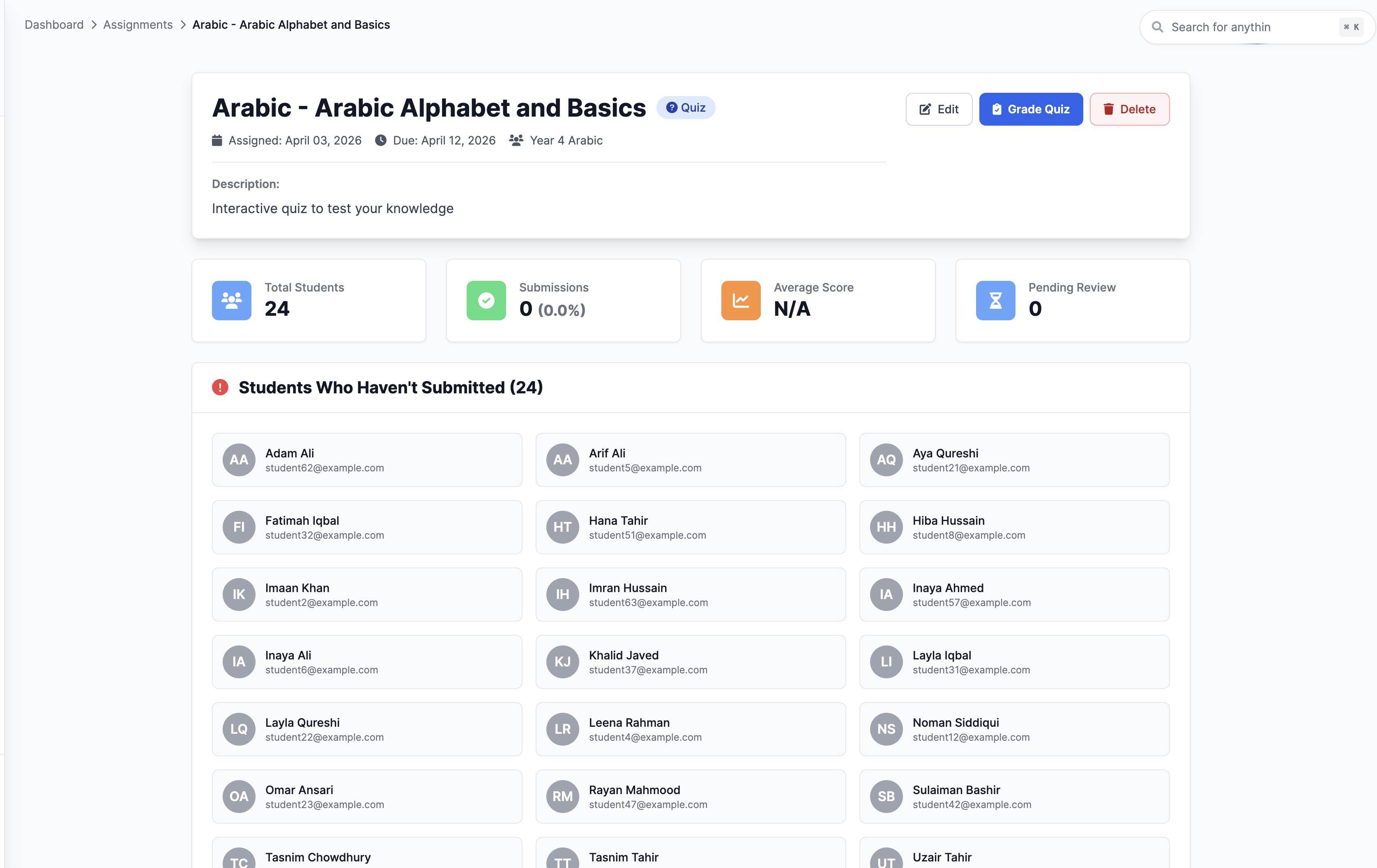 MarkTrack web app showing the assignment creation screen