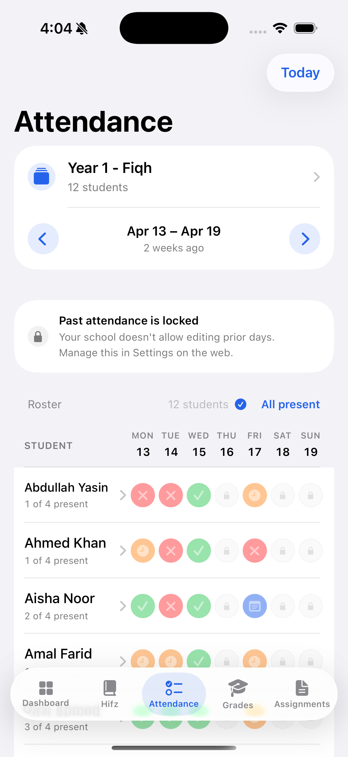 MarkTrack iOS app showing the attendance screen