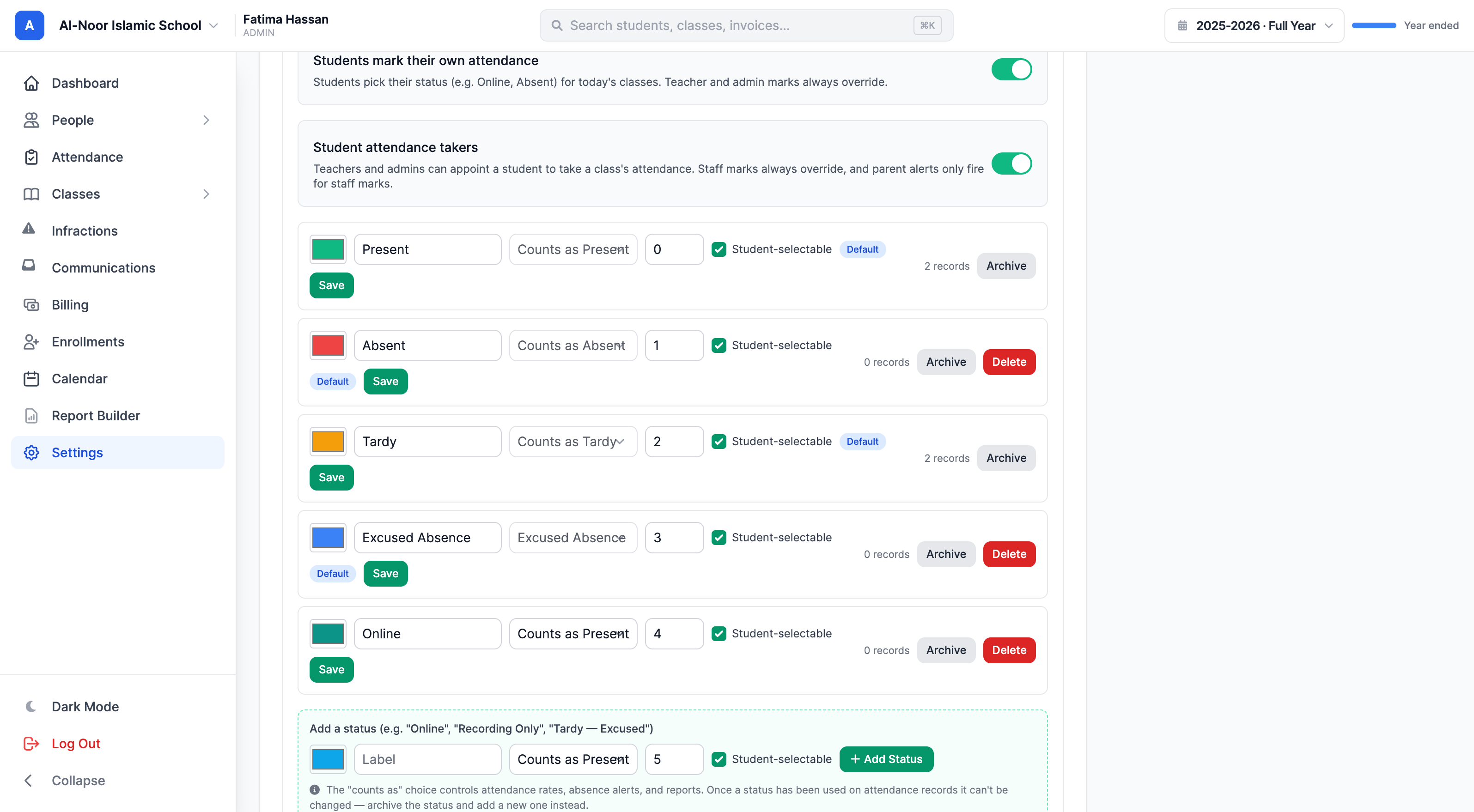 The Attendance settings tab showing custom statuses including a teal Online status, each mapped to a 'counts as' category, plus toggles for student self-marking and student attendance takers.