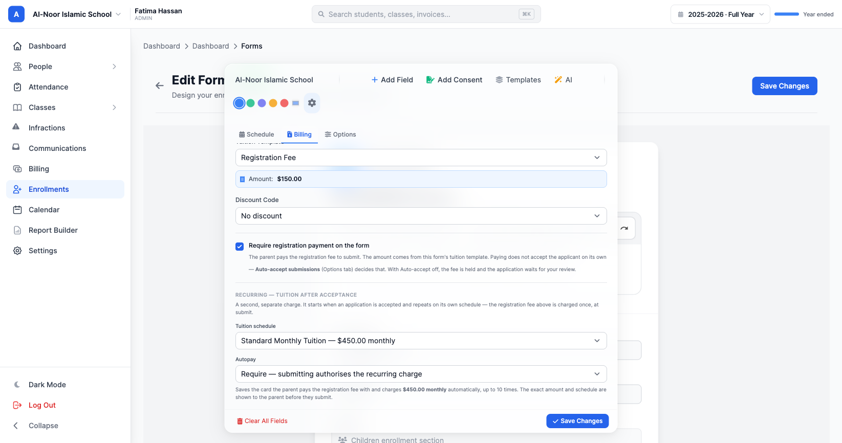Enrollment form Billing tab showing the one-time registration section and the recurring tuition section with the Autopay selector set to Require