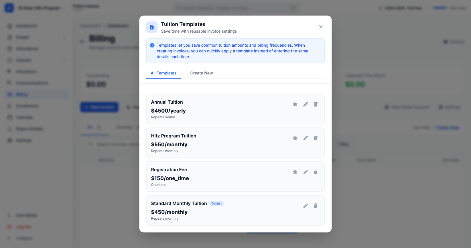 Tuition Templates modal listing a one-time registration fee and monthly tuition templates