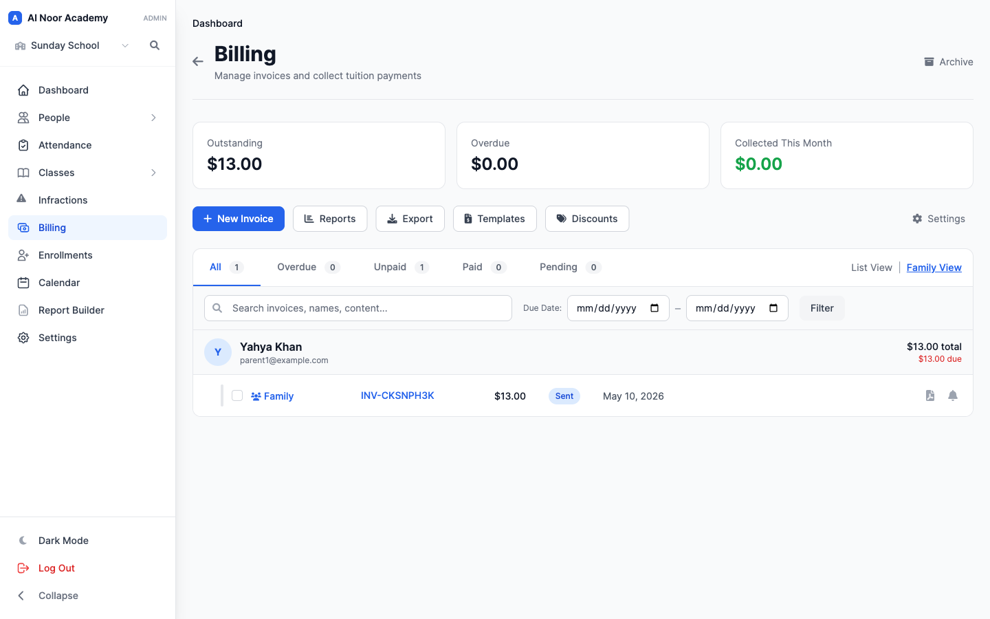 Billing dashboard showing a family invoice grouped under the parent