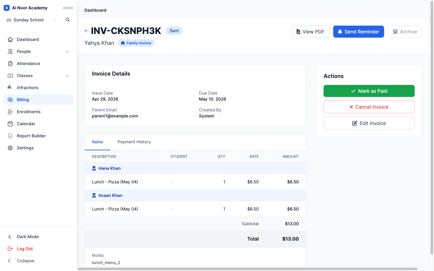 Auto-generated invoice for a field trip submission