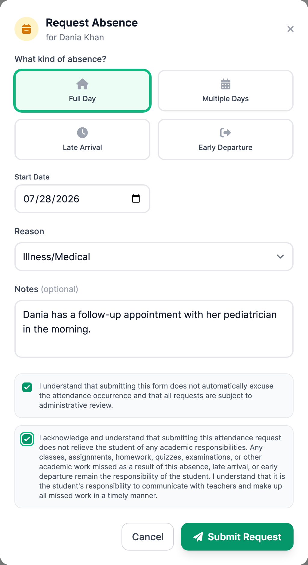 The Request Absence modal in a parent's portal for Dania Khan, showing four absence-type cards with Full Day selected in emerald, a start date of 07/28/2026, an Illness/Medical reason, a note about a pediatrician appointment, and two checked acknowledgment checkboxes above an enabled Submit Request button.
