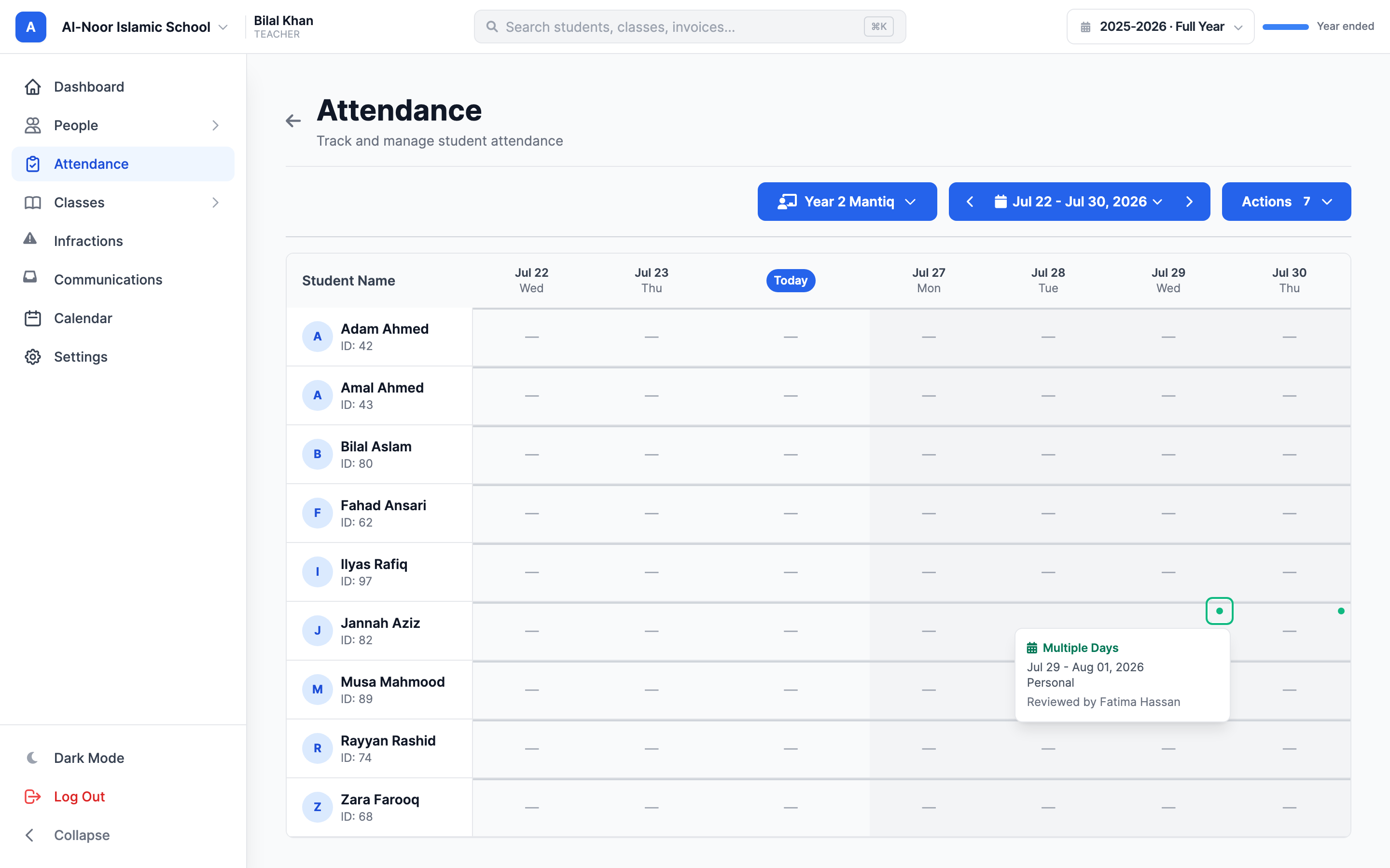 A teacher's weekly attendance grid for Year 2 Mantiq with emerald dots on Jannah Aziz's July 29 and July 30 cells, both covered by an approved multi-day absence request; a popover on the July 29 cell reads Multiple Days, Jul 29 to Aug 01 2026, Personal, Reviewed by Fatima Hassan.
