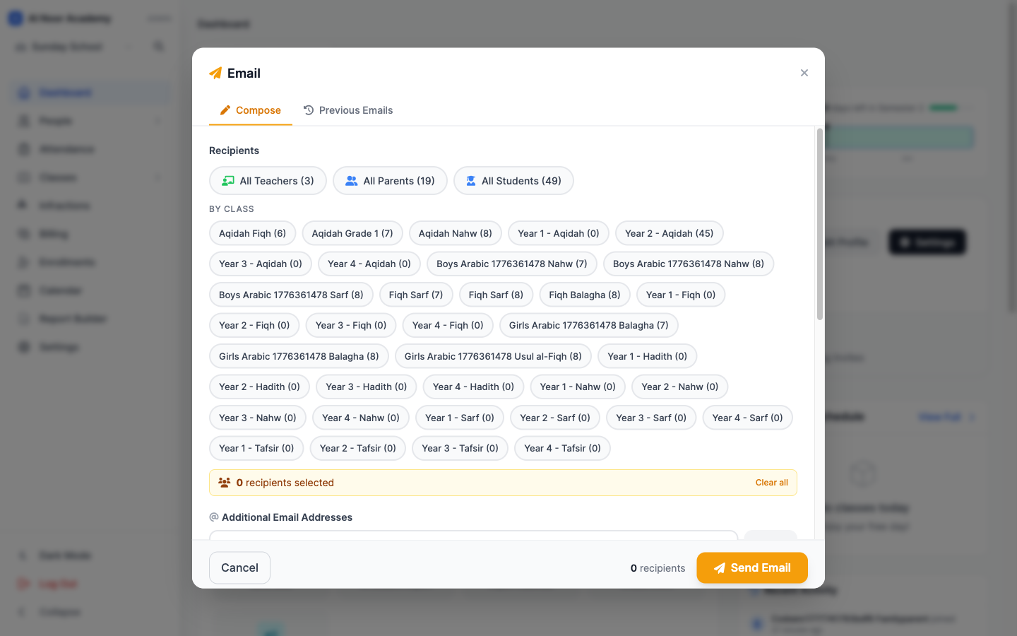 Email compose modal with role and class chips