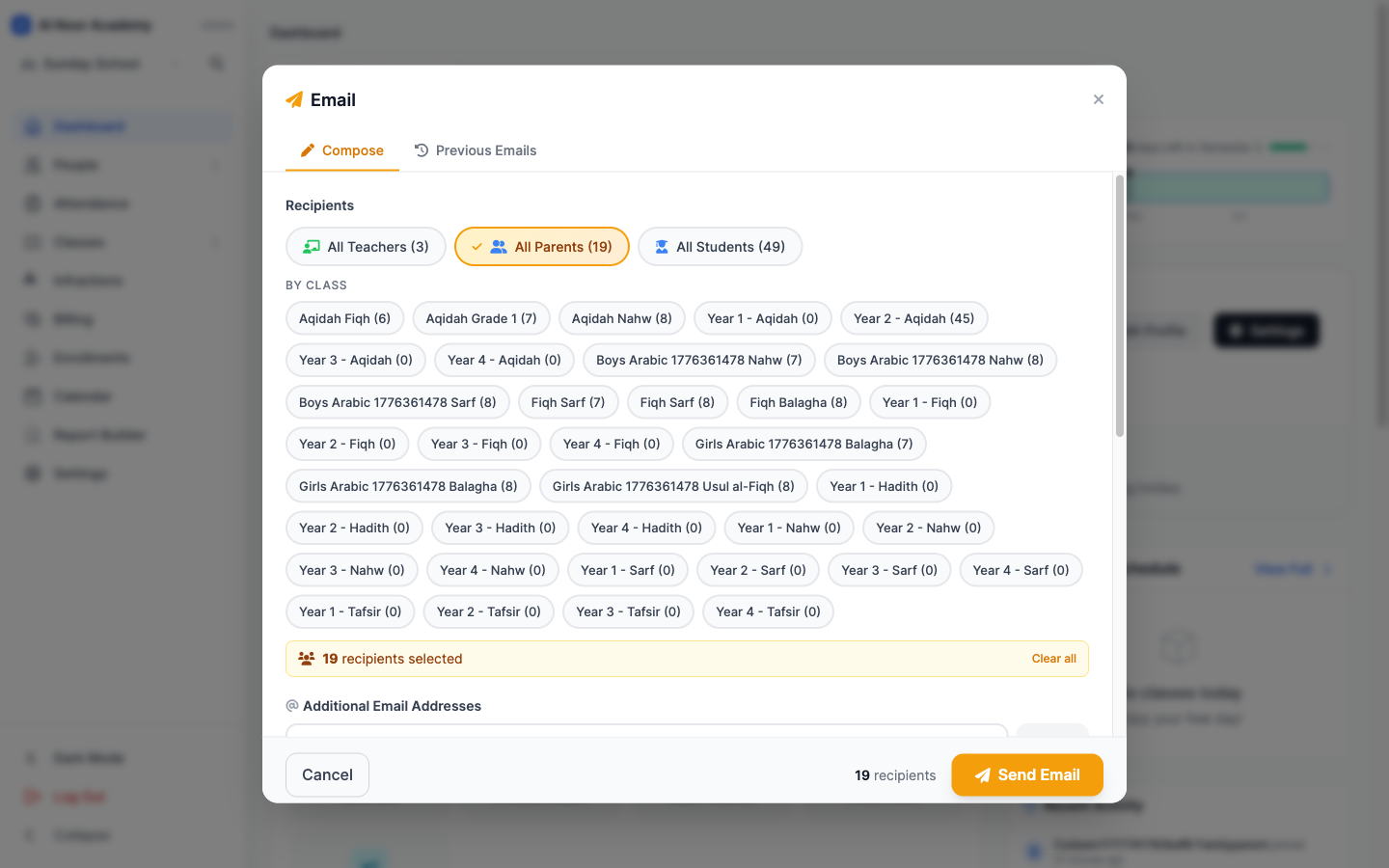 Email modal with All Parents (19) selected