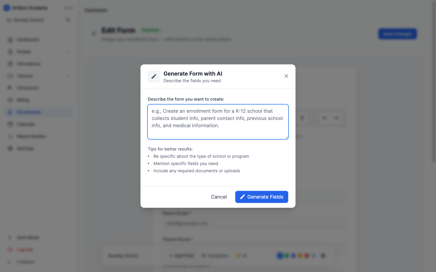 AI generate fields modal