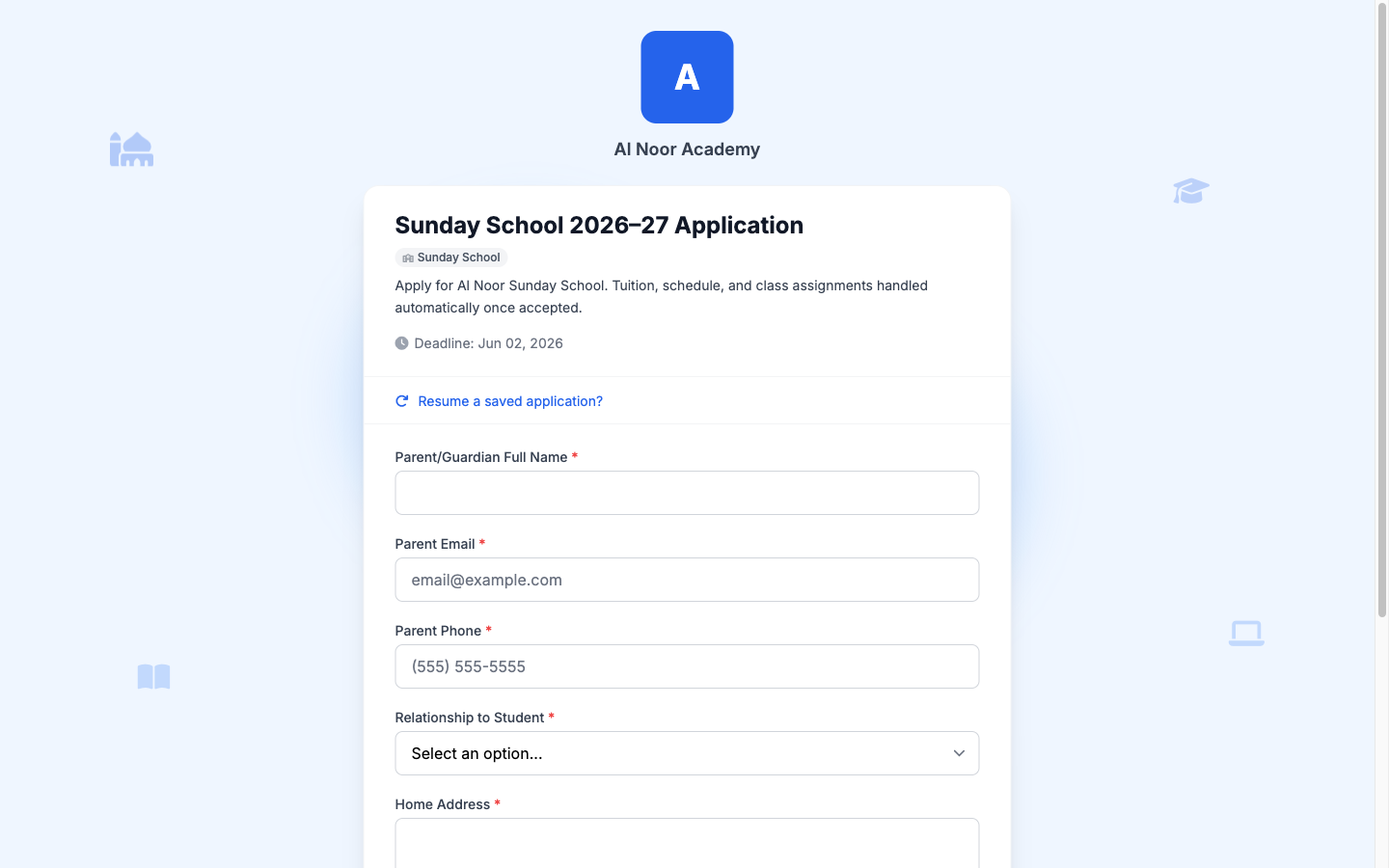 Public-facing enrollment form as a parent sees it