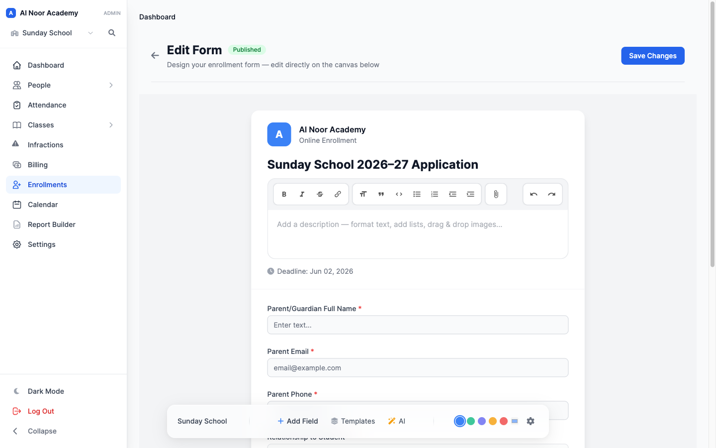 MarkTrack generic form builder showing drag-and-drop fields and a billing settings drawer