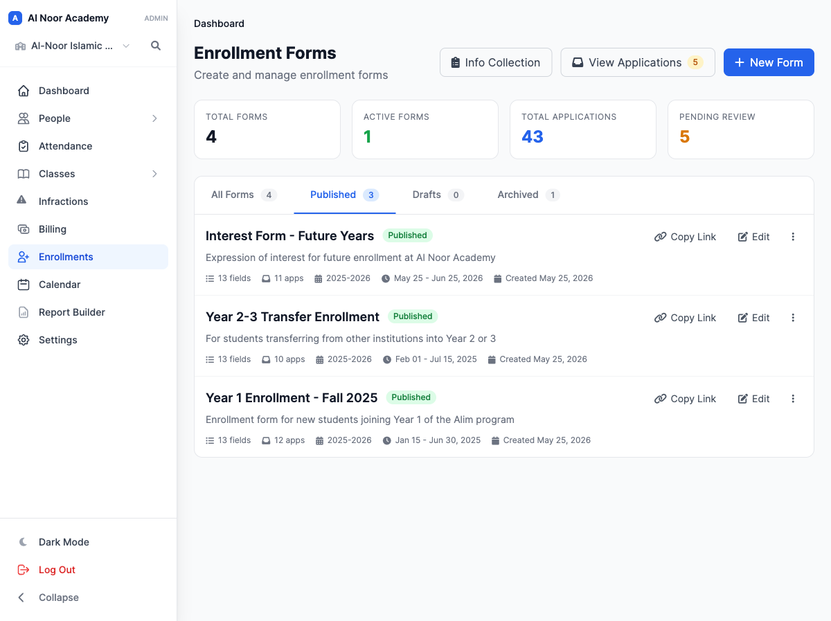 Enrollment forms dashboard with published application forms and a count of pending applications