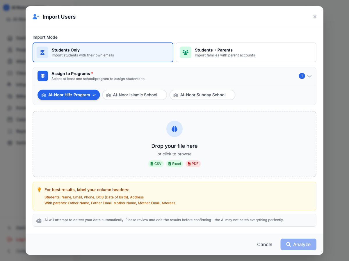 Import screen accepting a CSV, Excel, or PDF file of students and parents
