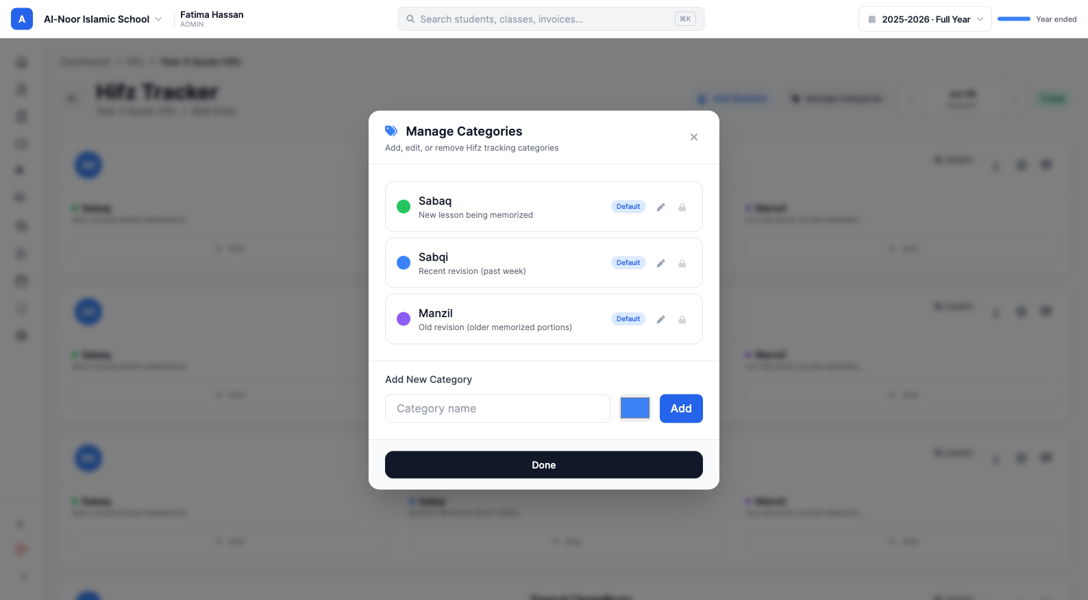 Manage Categories panel with Sabaq, Sabqi, and Manzil defaults and a field to add a new custom Hifz category with a color