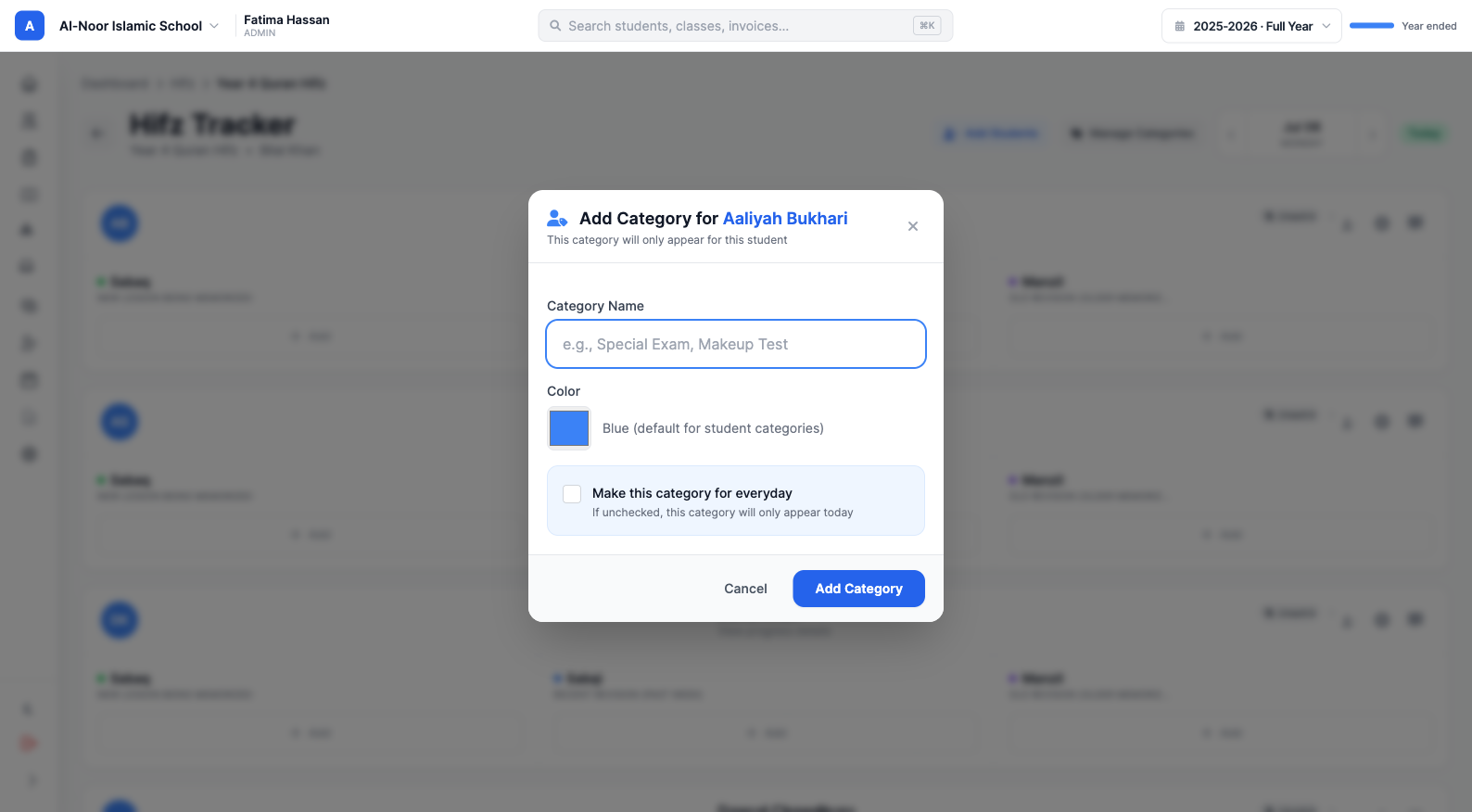 Dialog to add a private Hifz category for a single student, with a one-day or everyday option, used to mark haydh days discreetly