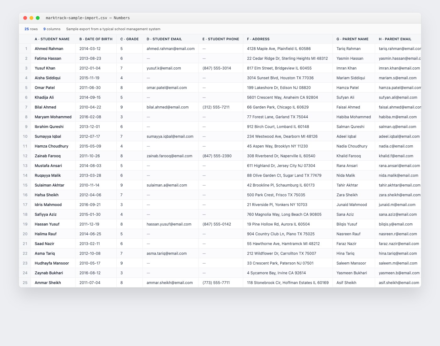 Sample CSV roster export with 25 students, parent contact, and US addresses