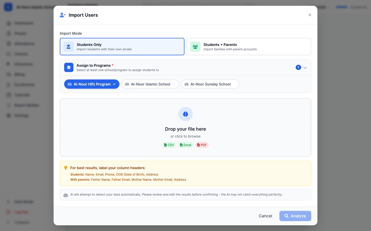 MarkTrack AI Import modal: choose Students Only or Students + Parents, assign to programs, drop CSV