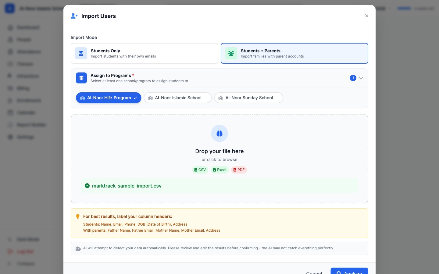 Sample CSV file staged in the AI Import modal, ready to analyze
