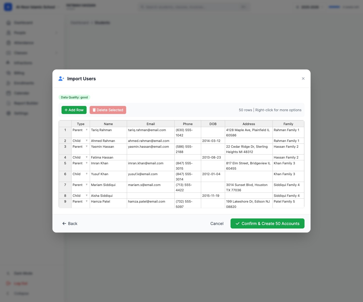 AI Import preview: 25 students plus 25 parents auto-grouped into five families with DOB, address, and contact info mapped