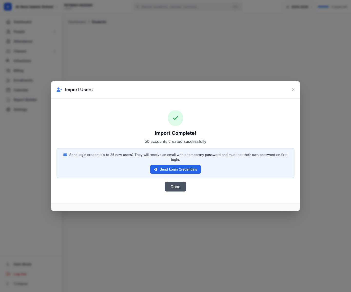Import Complete: 50 accounts created successfully, with a button to send login credentials to the new parents