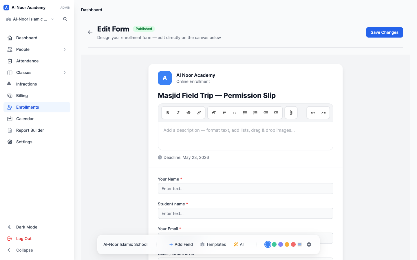 MarkTrack form builder editing the field trip permission slip