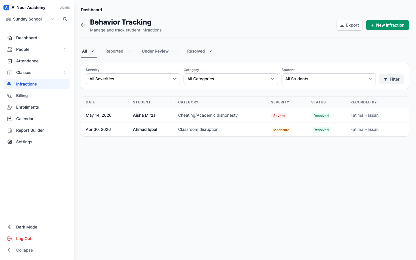 Infractions list with filters and tabs