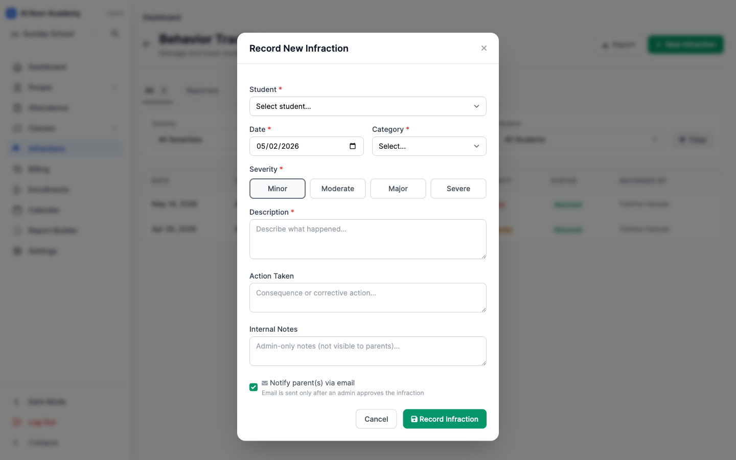 Record New Infraction modal in MarkTrack
