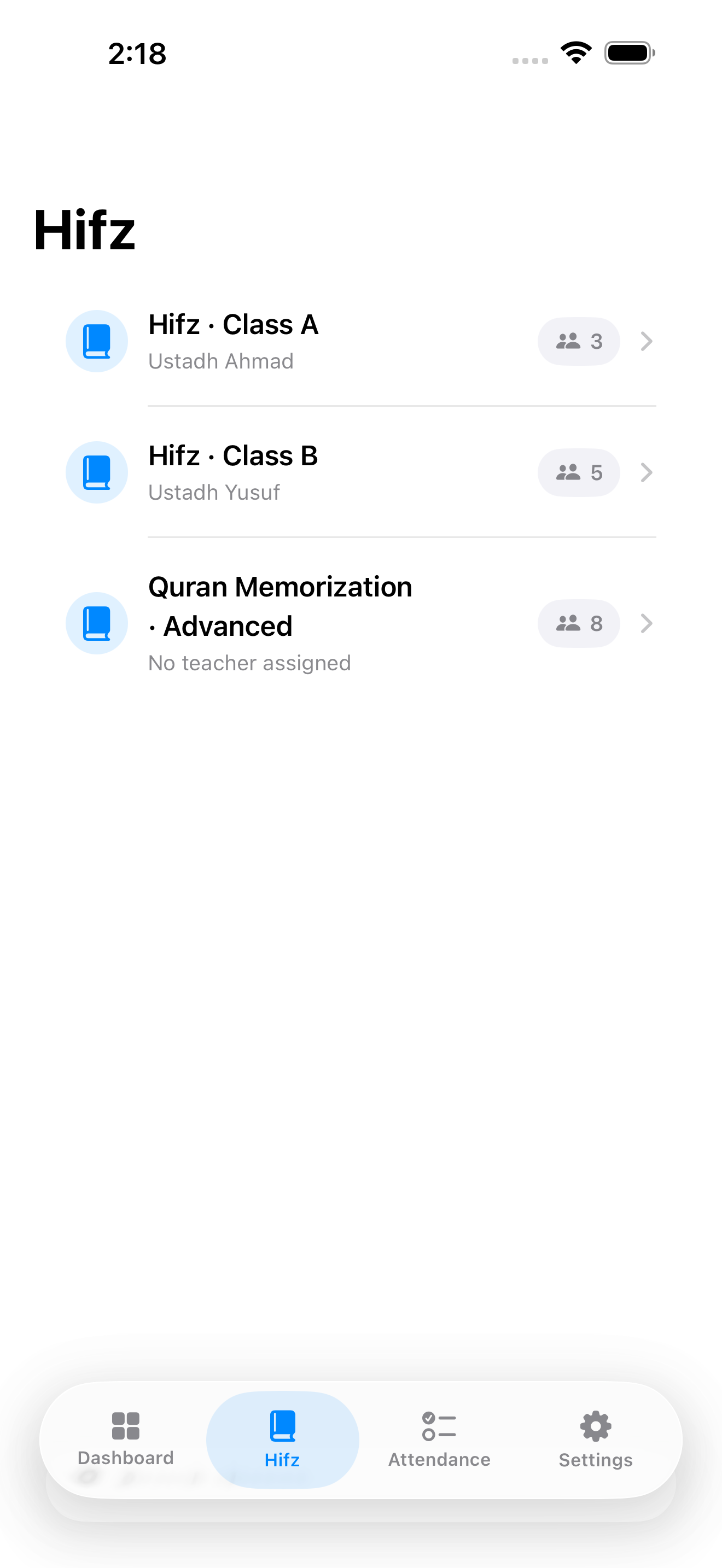 MarkTrack iOS class list with year-based Sarf, Nahw, Hadith, Tafsir, and Quran Hifz classes for an Alim cohort