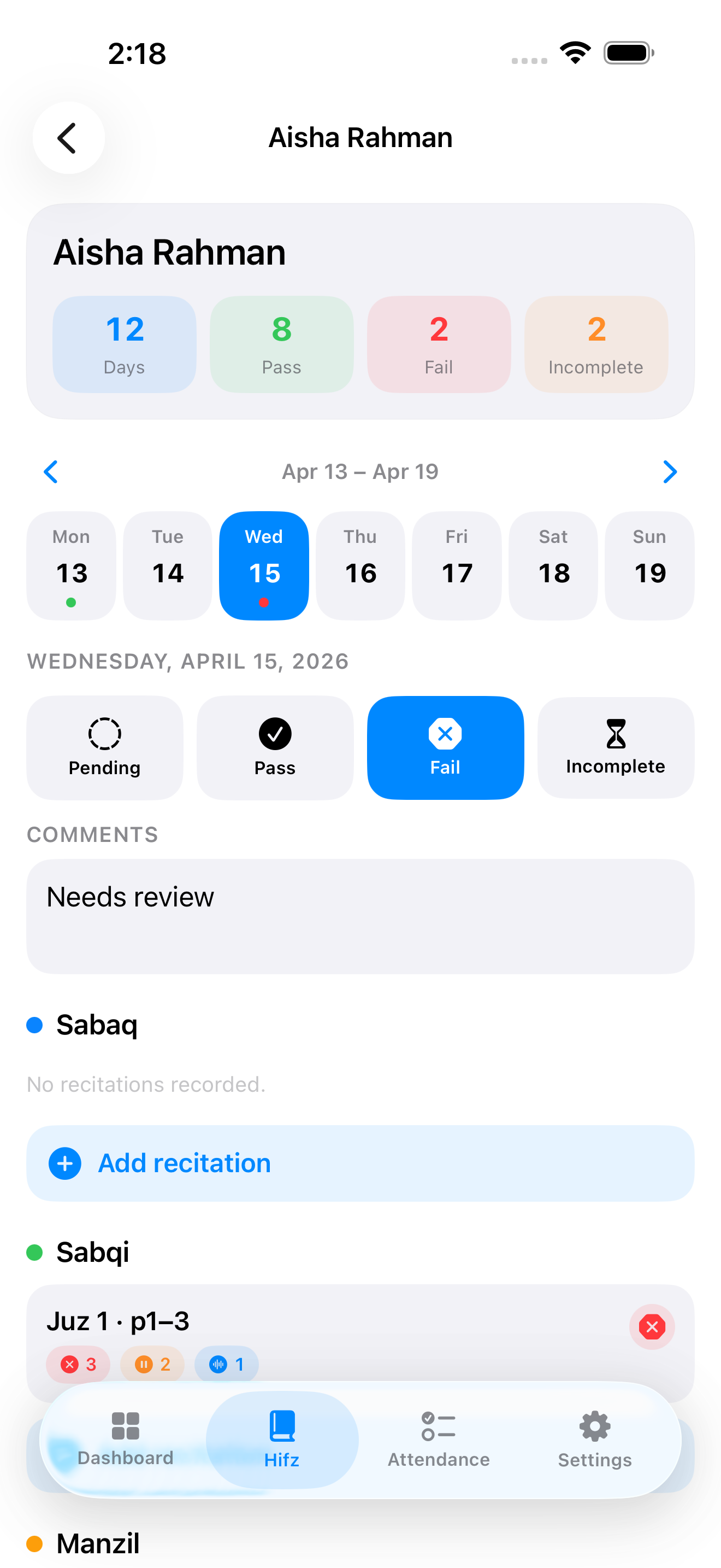 MarkTrack iOS Hifz weekly view showing per-student rows of daily sabaq, sabqi, and manzil entries with quality marks