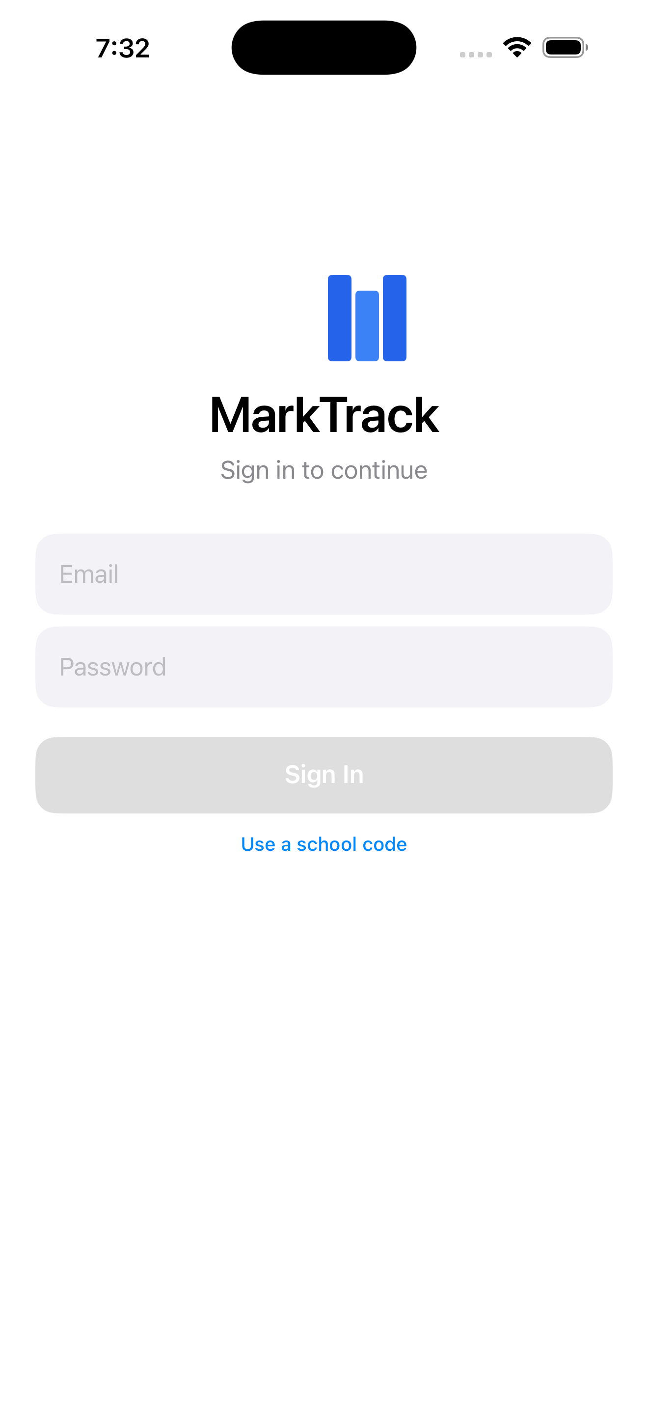 MarkTrack iOS app login screen
