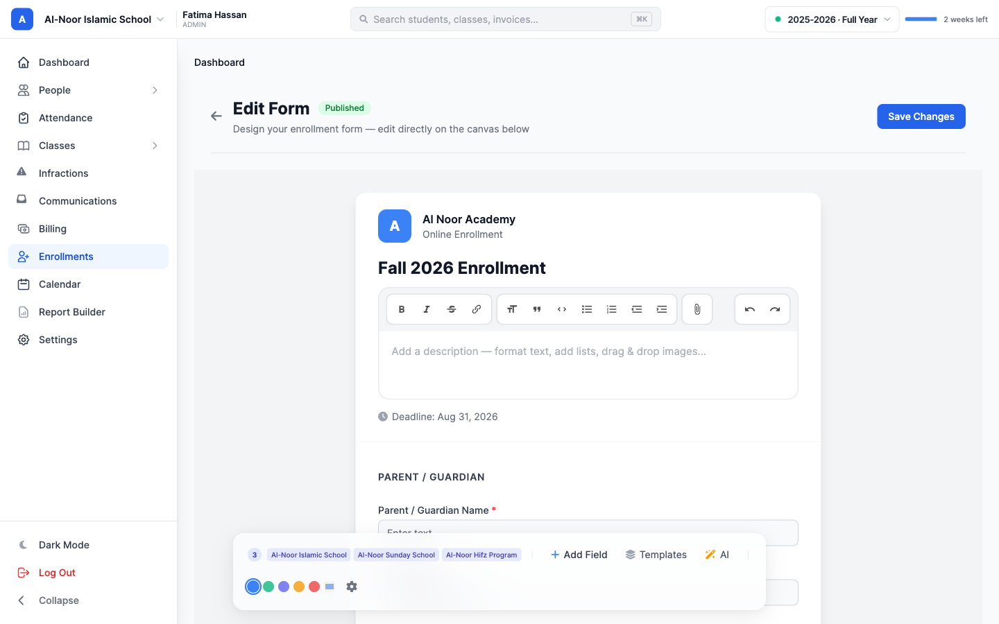 MarkTrack enrollment form builder canvas for a Fall 2026 Enrollment form, linked to three Al-Noor campuses