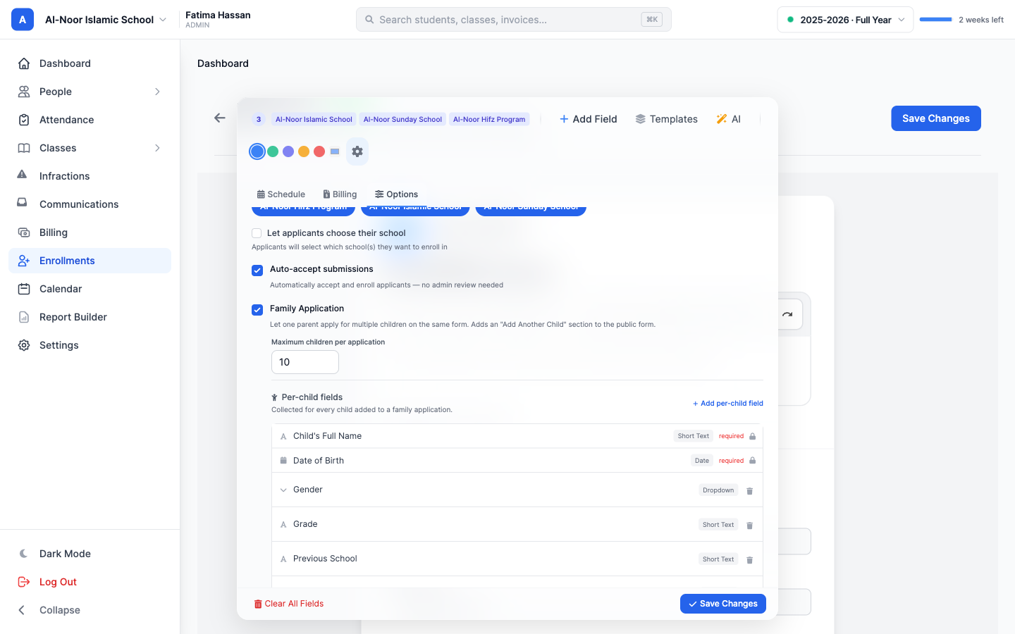 Family Application toggle and the per-child field list in the form builder