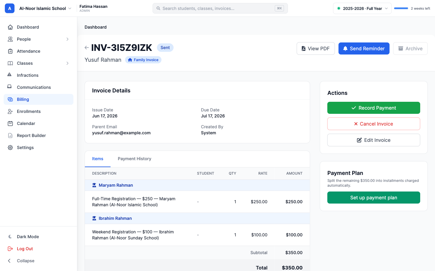 Auto-generated family registration invoice with per-child, per-school line items totaling $350