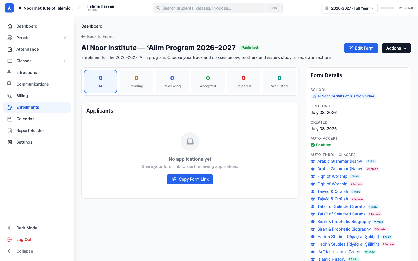 The form's auto-enroll classes listed with Male, Female, and Joint gender badges, and auto-accept enabled
