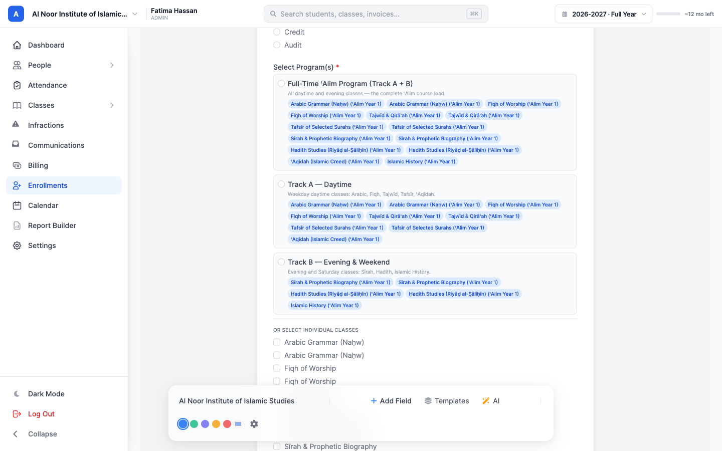 The admin form builder grouping classes into Full-Time, Track A Daytime, and Track B Evening and Weekend tracks