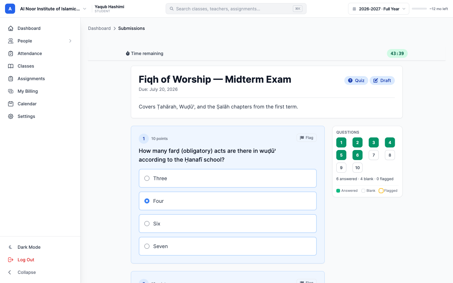 A student taking the exam with a live progress tracker showing six of ten questions answered