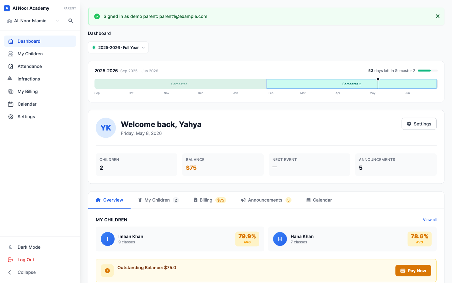 MarkTrack parent dashboard with two children, balance, and announcements