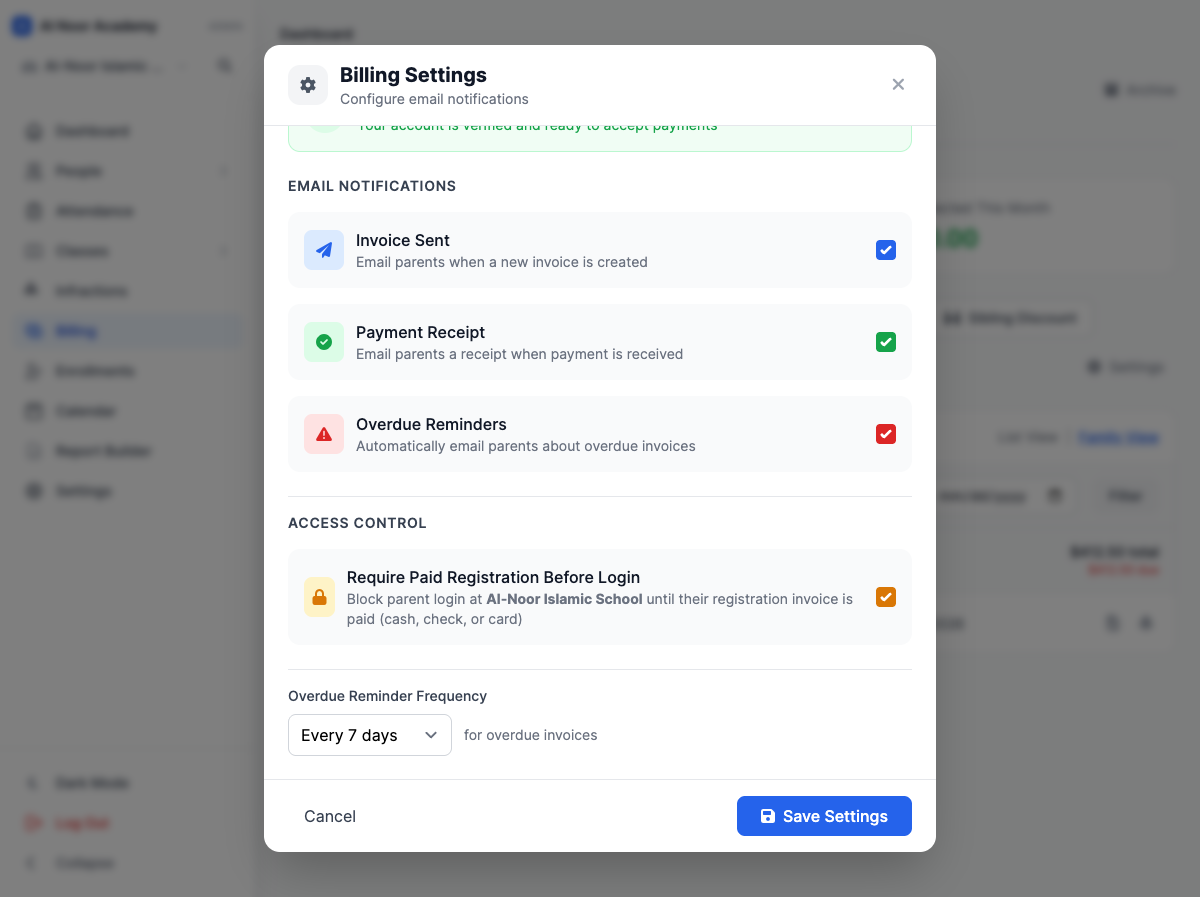 Billing settings with the Require Paid Registration Before Login switch turned on