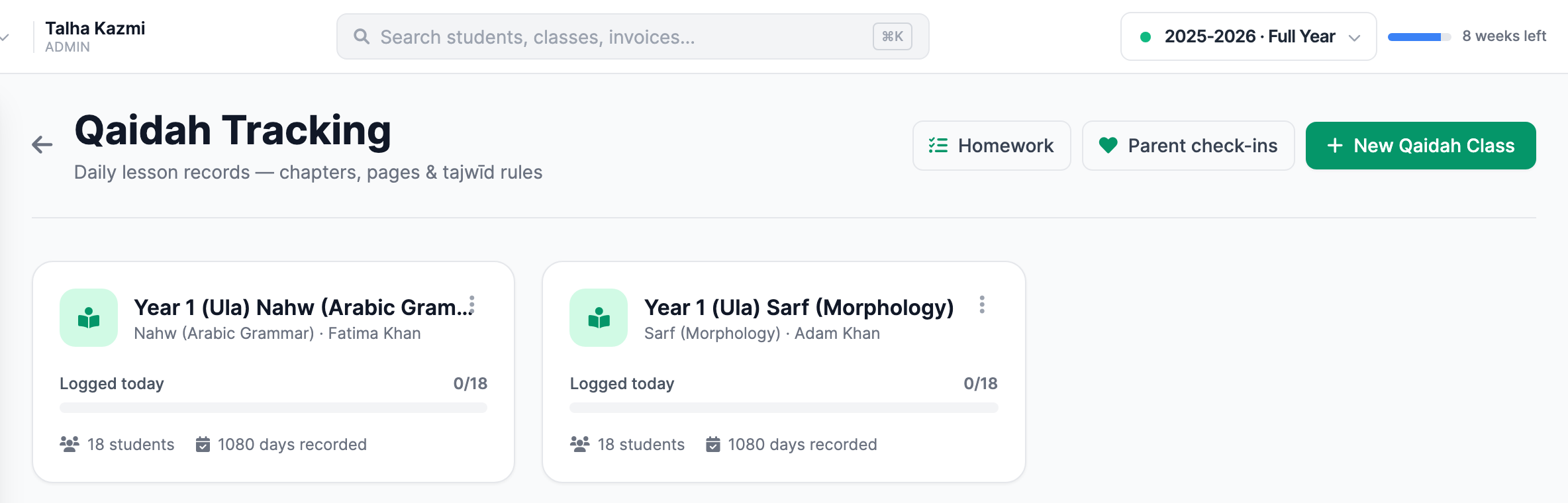 The Qaidah Tracking hub in MarkTrack, subtitled 'Daily lesson records — chapters, pages & tajwīd rules'. Three buttons sit top right: Homework, Parent check-ins, and a green New Qaidah Class. Two class cards below — Year 1 (Ula) Nahw (Arabic Grammar) taught by Fatima Khan and Year 1 (Ula) Sarf (Morphology) taught by Adam Khan — each showing a 'Logged today 0/18' progress bar, 18 students and 1080 days recorded.