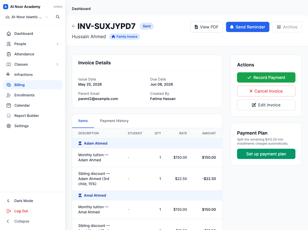 Family invoice with a sibling discount line under each younger child