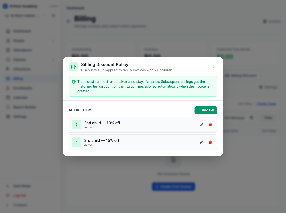 Sibling discount policy screen with a 10 percent tier for the second child and 15 percent for the third