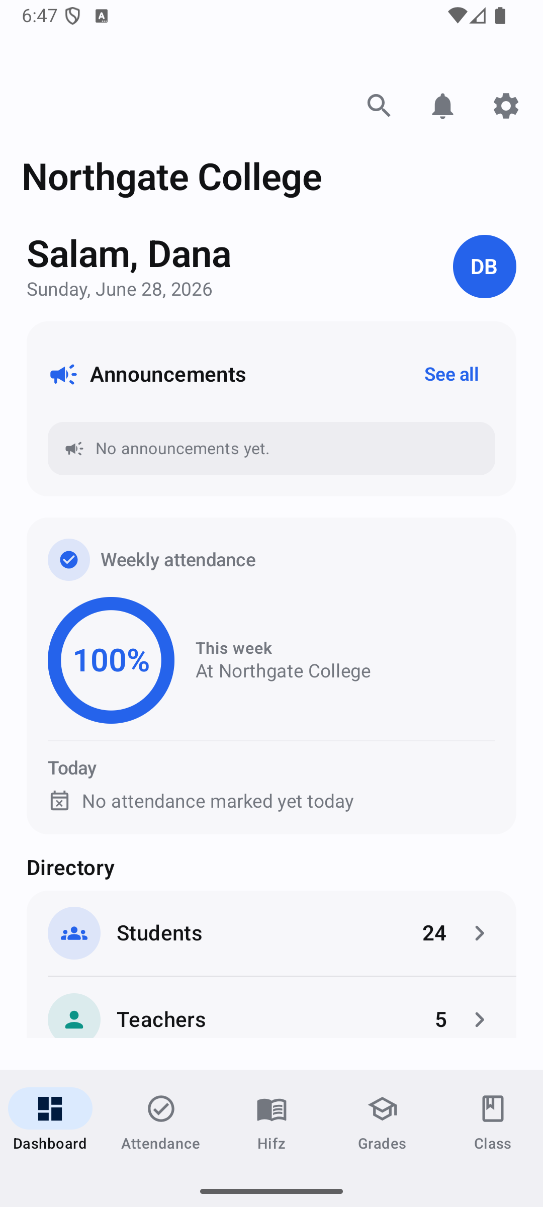 MarkTrack dashboard on the native Android app