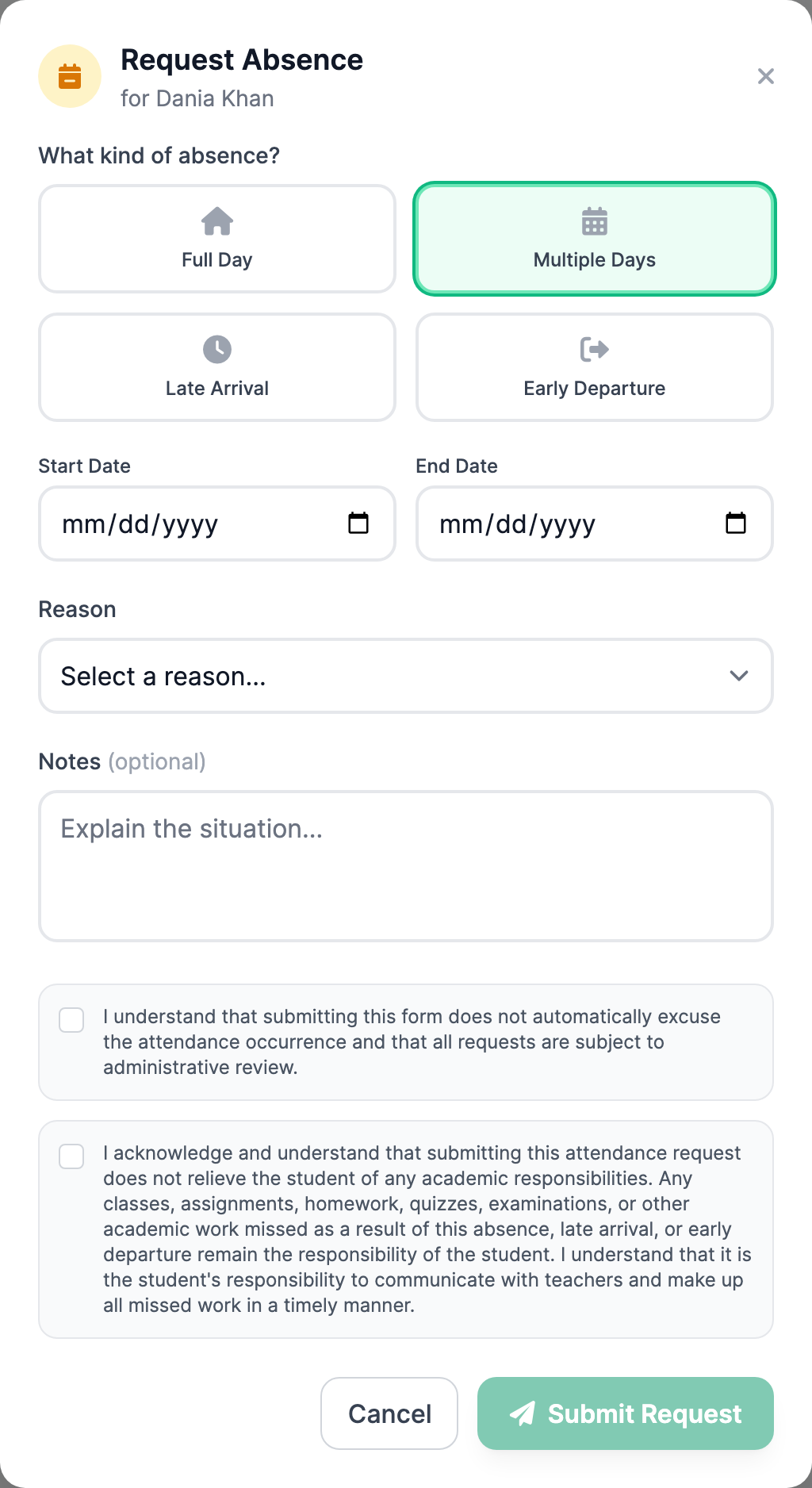 The parent Request Absence modal showing a Start Date field, an optional End Date field labeled for multi-day, and a Reason text box, with a Submit Request button.