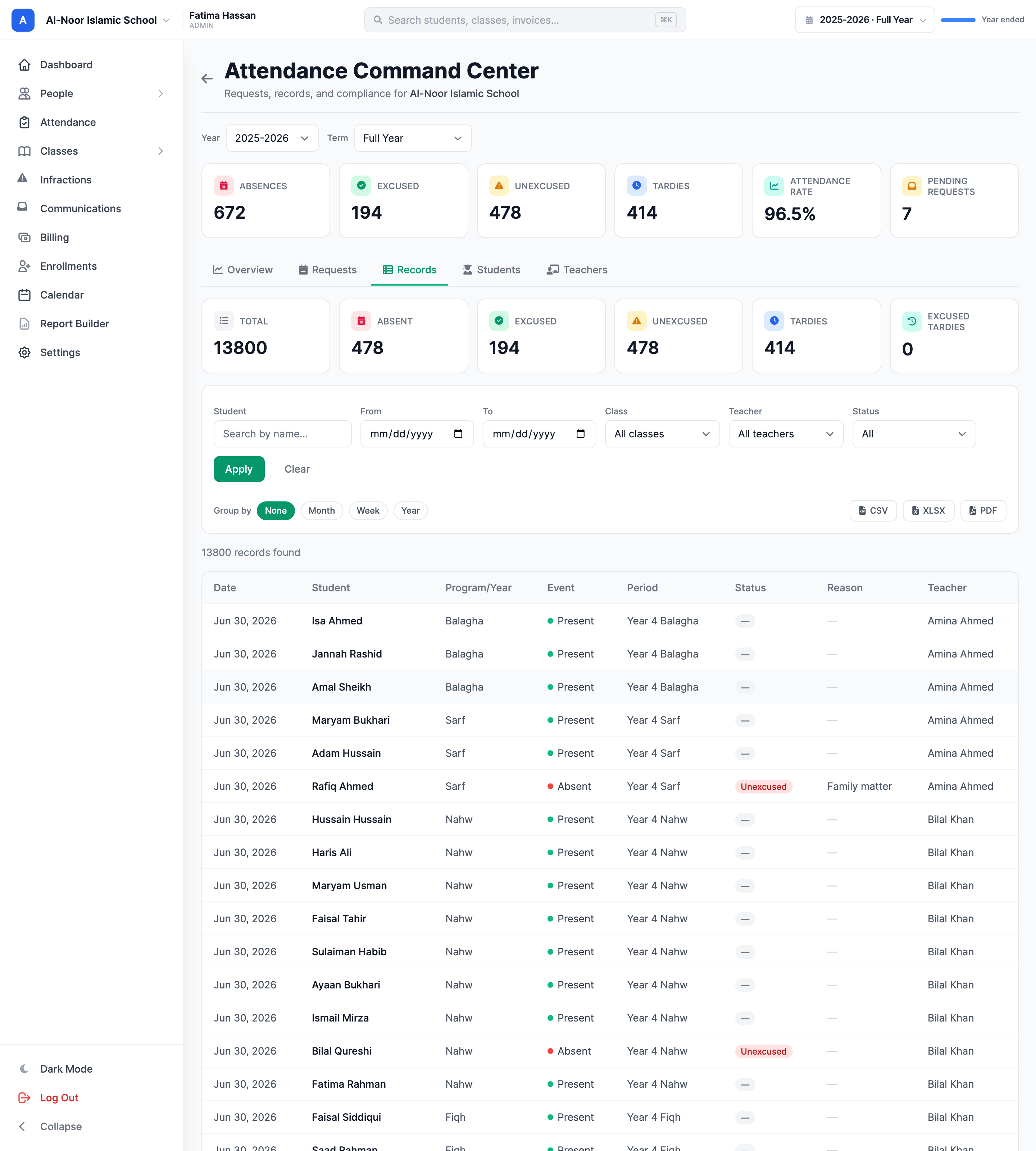 The Records tab of the Attendance Command Center: six summary tiles for Total, Absent, Excused, Unexcused, Tardies, and Excused Tardies, a filter rail with student search, From and To dates, Class, Teacher, and Status selects plus Apply and Clear, Group by pills for None, Month, Week, and Year, CSV, XLSX, and PDF export buttons, and a table of records with Date, Student, Program/Year, Event, Period, Status, Reason, and Teacher columns.