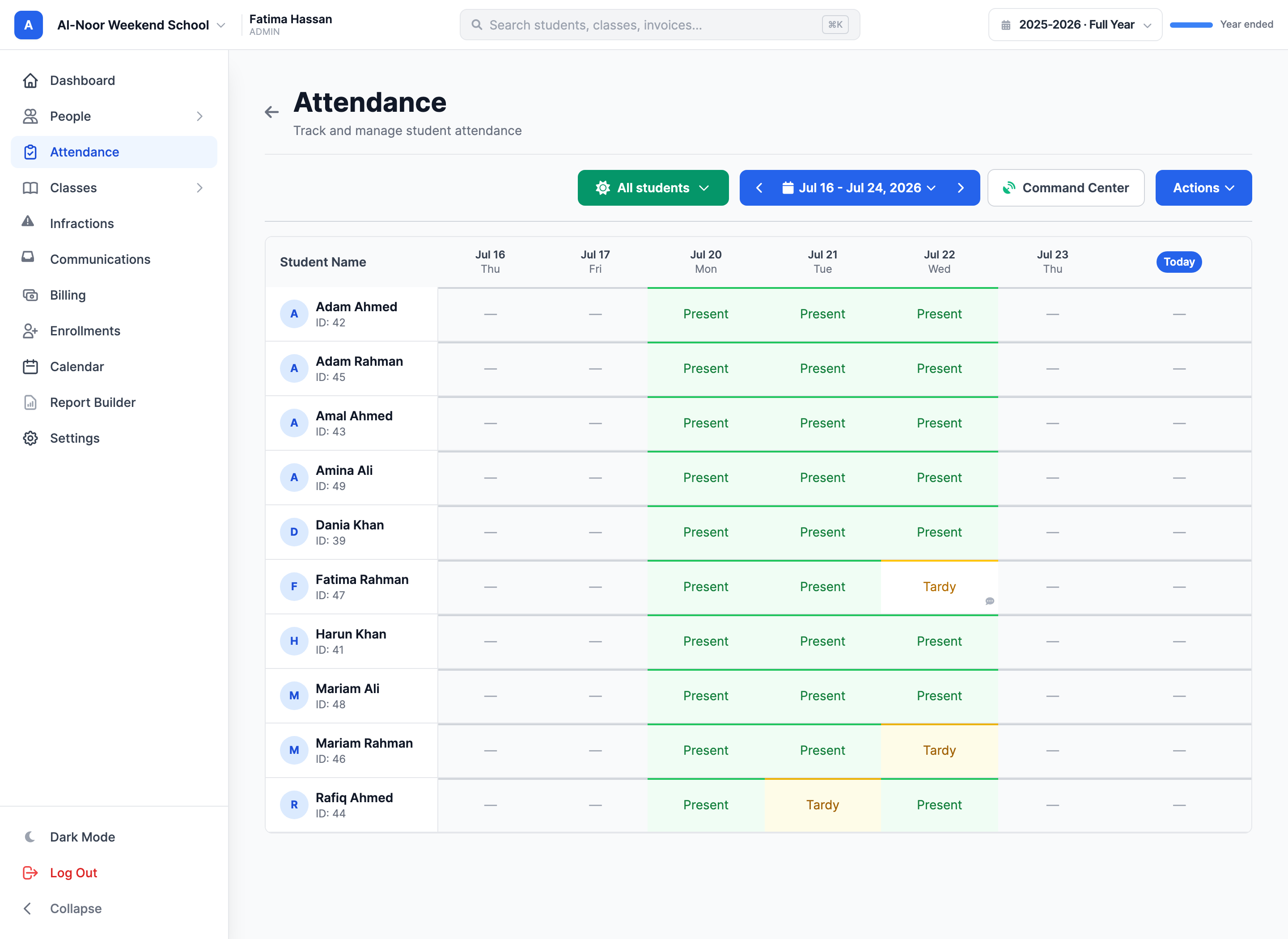 The attendance page of a Daily-mode weekend school: a single whole-school roster of ten students with one column per school day, and a green sun-icon 'All students' filter button in the toolbar where the class picker would normally be.