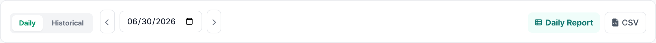 The header strip of the Command Center's Teachers tab: a Daily / Historical mode toggle, left and right chevrons around a 06/30/2026 date picker, a teal Daily Report button, and a CSV export button.