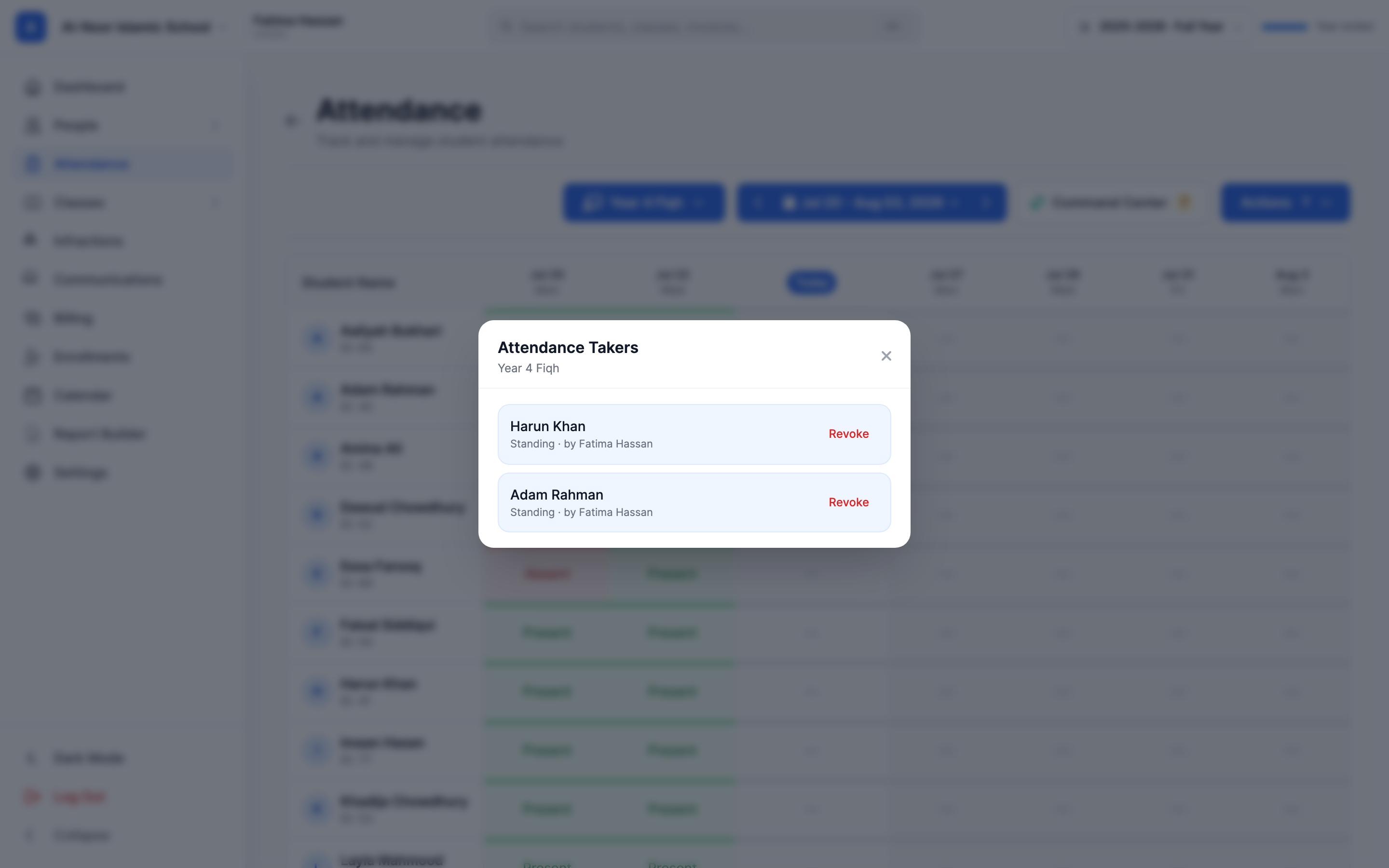 The Attendance Takers modal open over the class attendance grid, listing two standing takers, Harun Khan and Adam Rahman, each appointed by the admin and each with a red Revoke button.